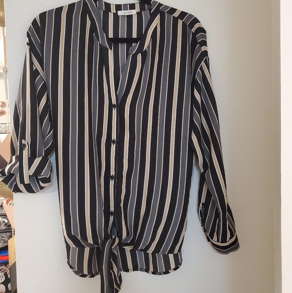Pleione striped black gray tan blouse